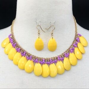 Yellow Purple Bead Drop Necklace Earrings Set